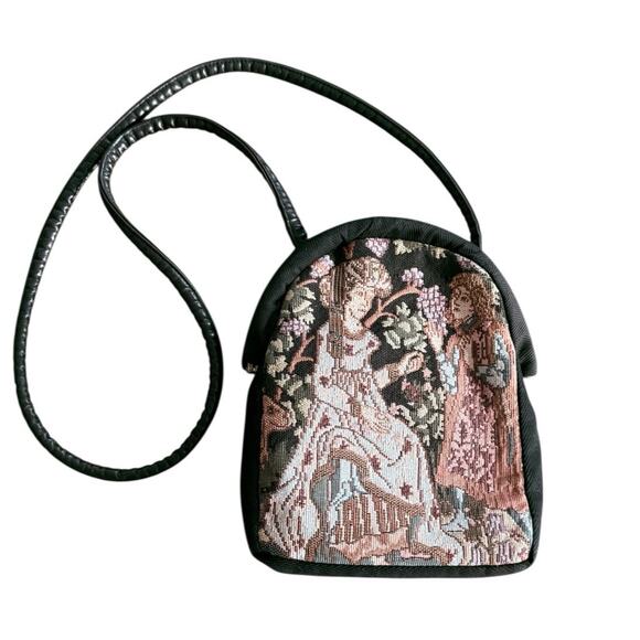 Vintage Tapestry Crossbody Bag Medieval Lady Man Deer Florals Boho Ren Faire - Picture 1 of 8